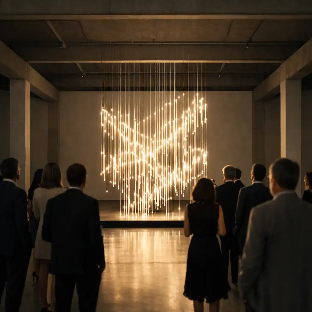 Goście oglądający świetlną instalację w eleganckiej przestrzeni wydarzenia marki